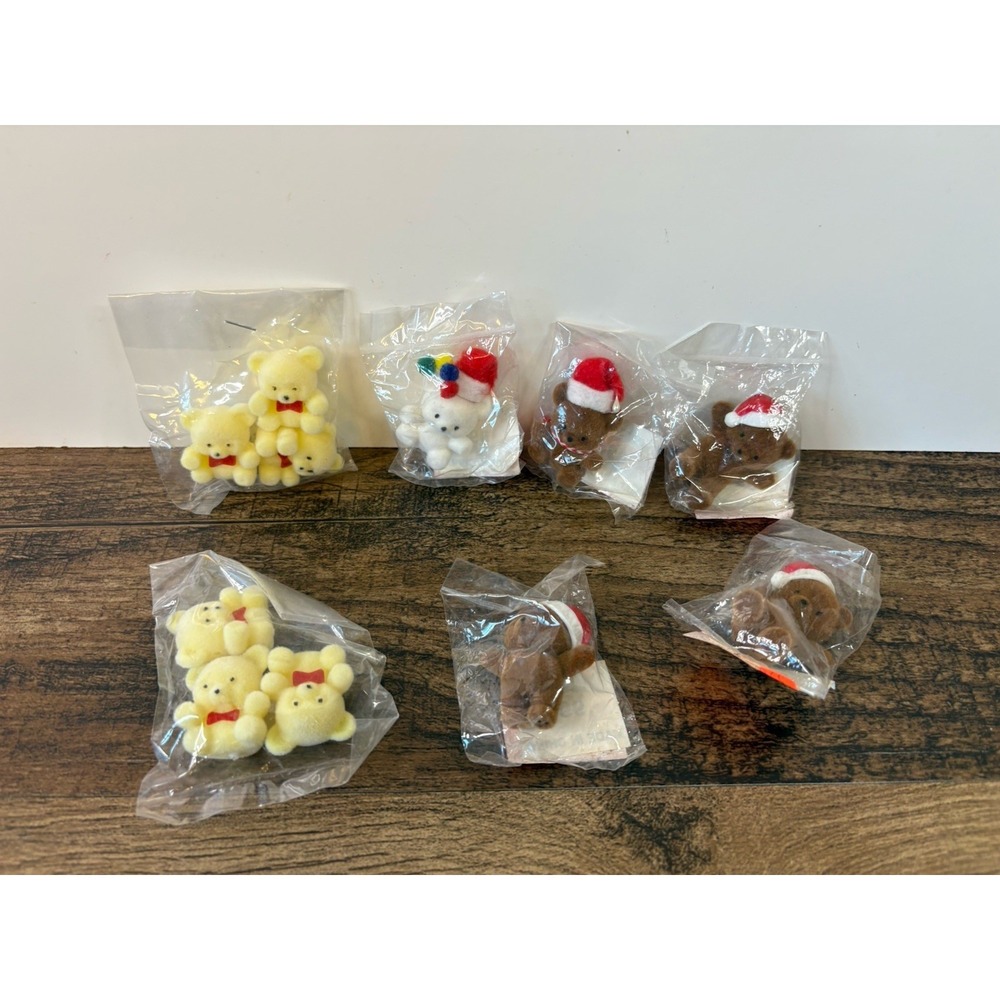 Vintage Mini Flocked 1" Teddy Bear Lot Brown Yellow White Fuzzy Christmas Santa